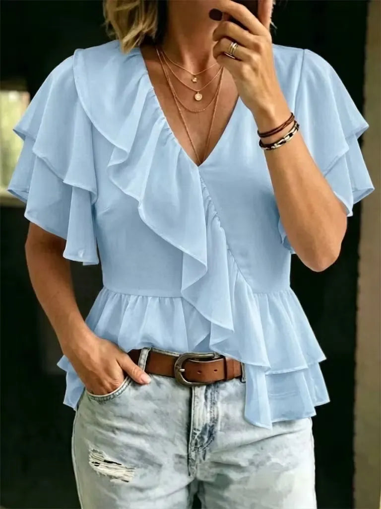 Women's Ruffle V-Neck Chiffon Blouse