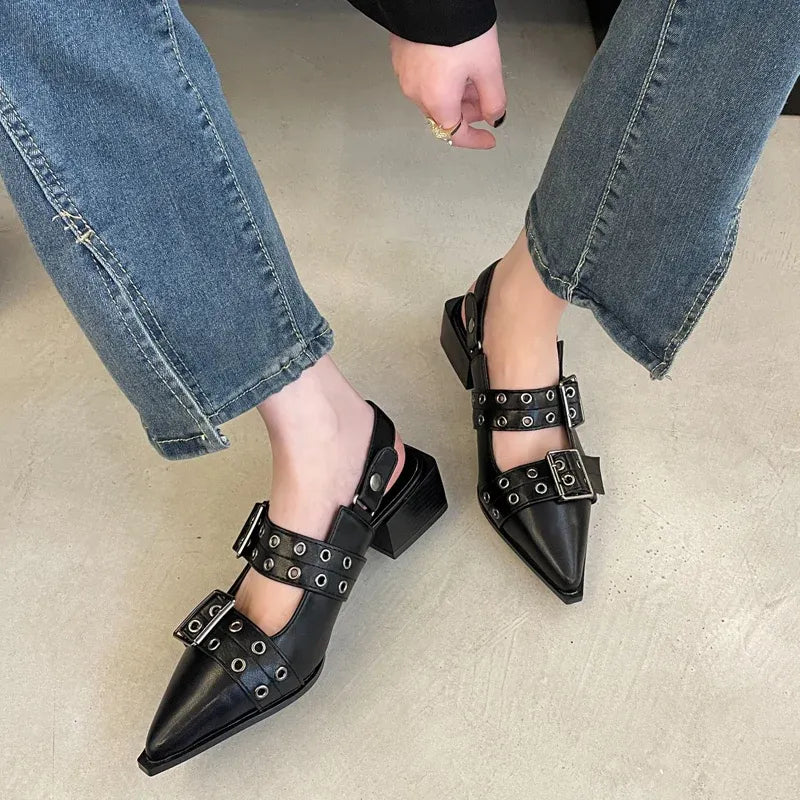 Women’s Pointed Toe Buckle Strap Low Heel Shoes