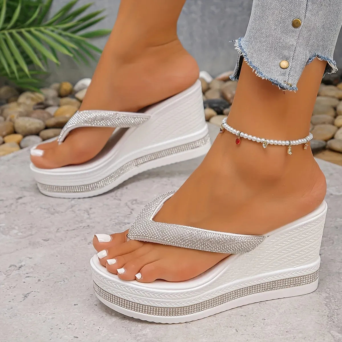 Rhinestone Platform Wedge Flip Flops