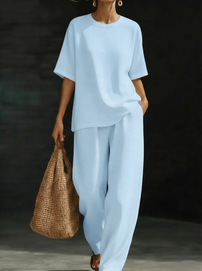 Women’s Relaxed Short-Sleeve Top and Wide-Leg Pants Set