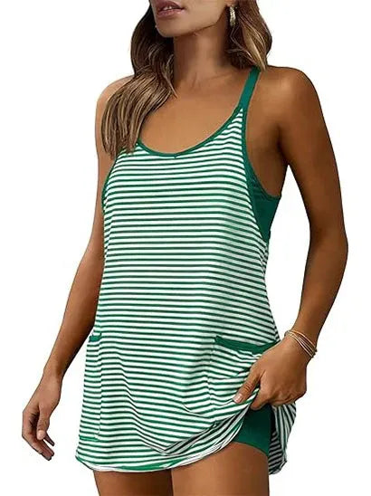 Women’s Striped Sleeveless Active Mini Dress with Built-In Shorts