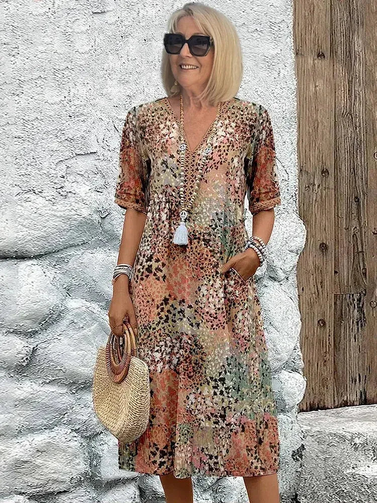 Women’s Printed V-Neck Relaxed Midi Dress