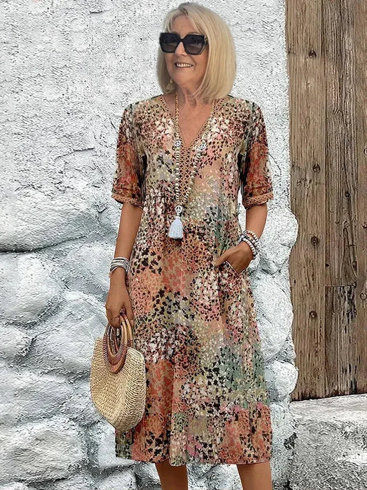 Women’s Printed V-Neck Relaxed Midi Dress