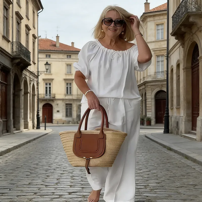 Women’s Off-Shoulder Drawstring Top and Wide-Leg Pants Set