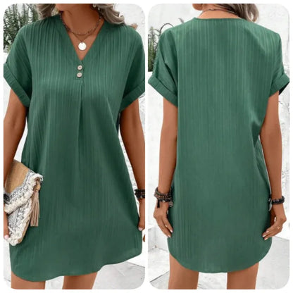 Women’s Casual V-Neck Rolled Sleeve Shift Dress