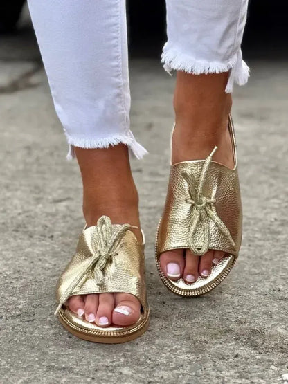 Women's Bow Accent Open-Toe Slip-On Flats