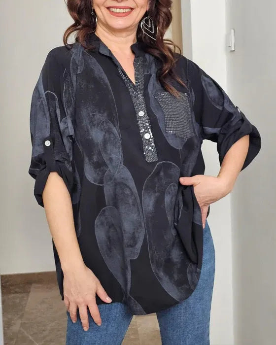 Women’s Printed Roll-Tab Sleeve Tunic Blouse with Pocket