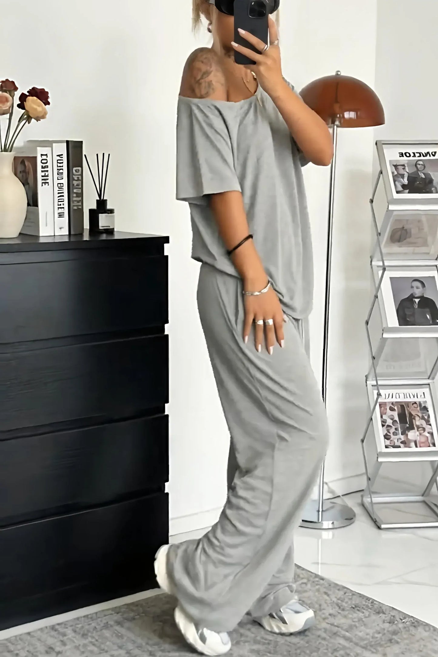 Women’s Off-Shoulder Lounge Top and Wide-Leg Pants Set