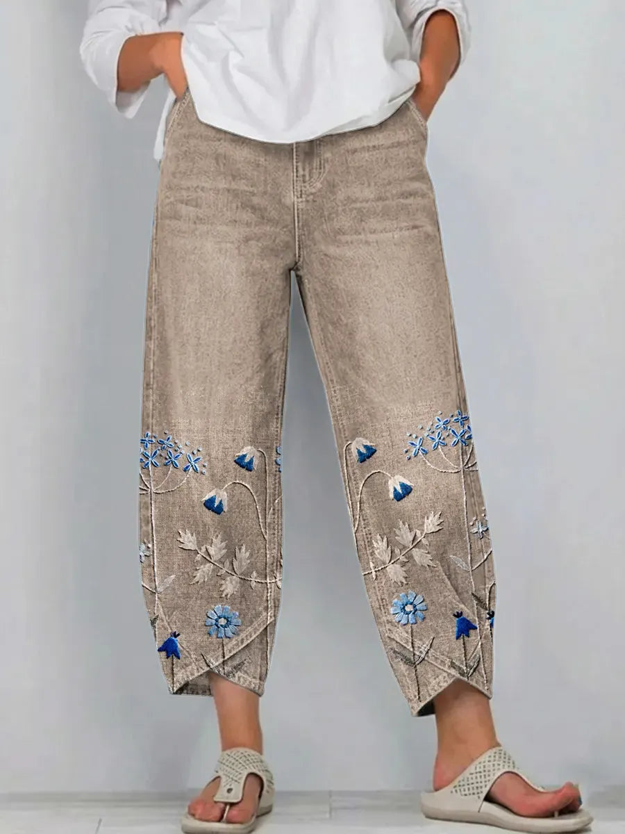 Women's Floral Print Denim Pants