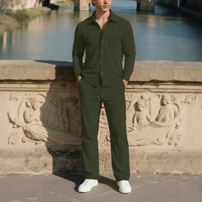 Men’s Textured Button-Up Shirt and Pants Set