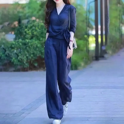 Women’s Elegant Wrap Blouse & Wide Leg Pants Set
