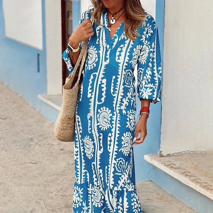 Women’s Boho Print V-Neck Loose Fit Maxi Dress