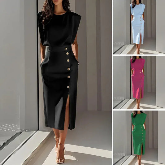 Women’s Side Button Slit Midi Dress