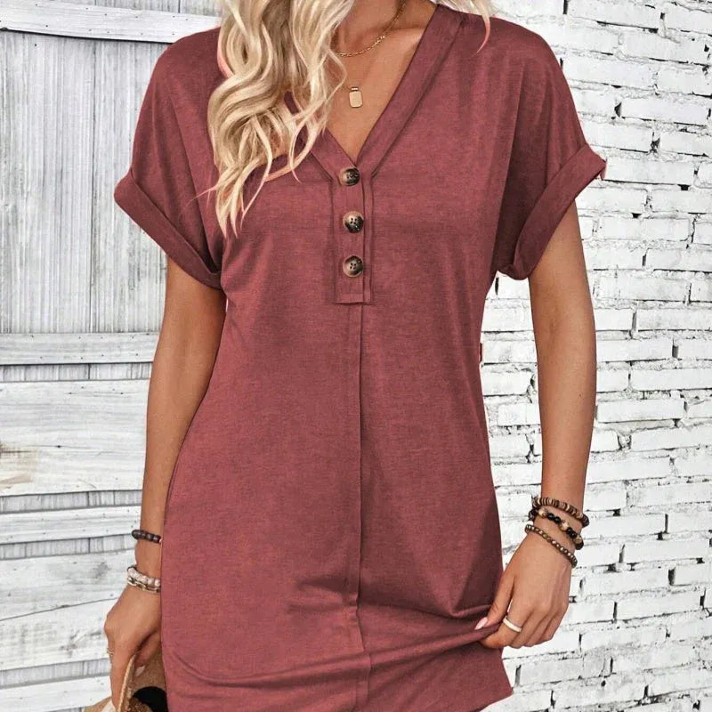 Women’s Casual V-Neck Button Front T-Shirt Dress