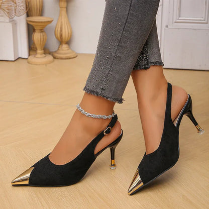 Women’s Pointed Toe Slingback Kitten Heels with Metal Cap