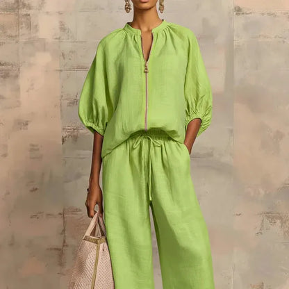 Women’s Puff Sleeve Top and Wide-Leg Pants Set