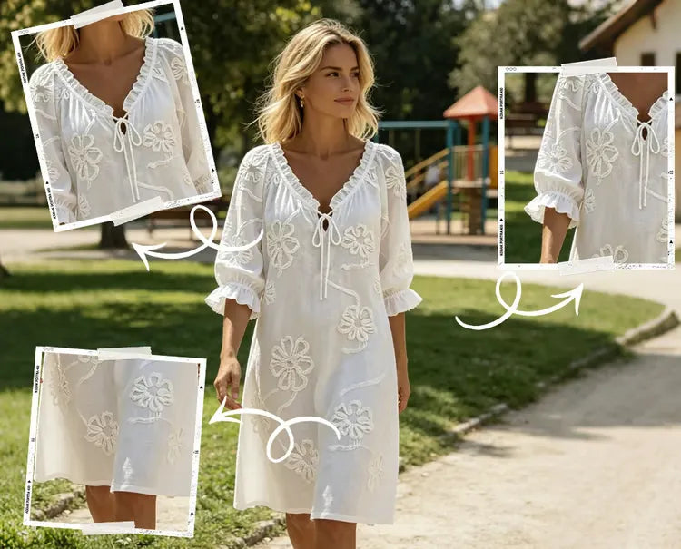 Women's Floral Embroidered Tie-Neck Dress