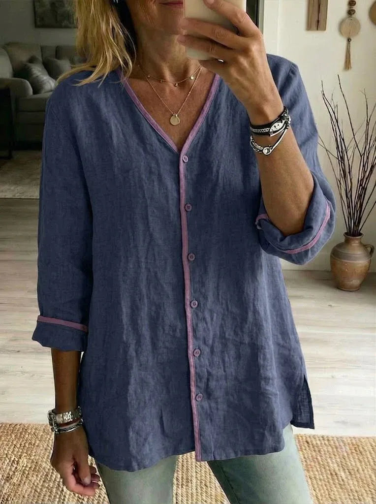 Women’s Contrast Trim Button-Up Cotton Linen Shirt