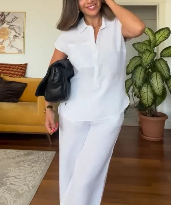 Women’s Summer Linen Shirt and Wide-Leg Pants Set