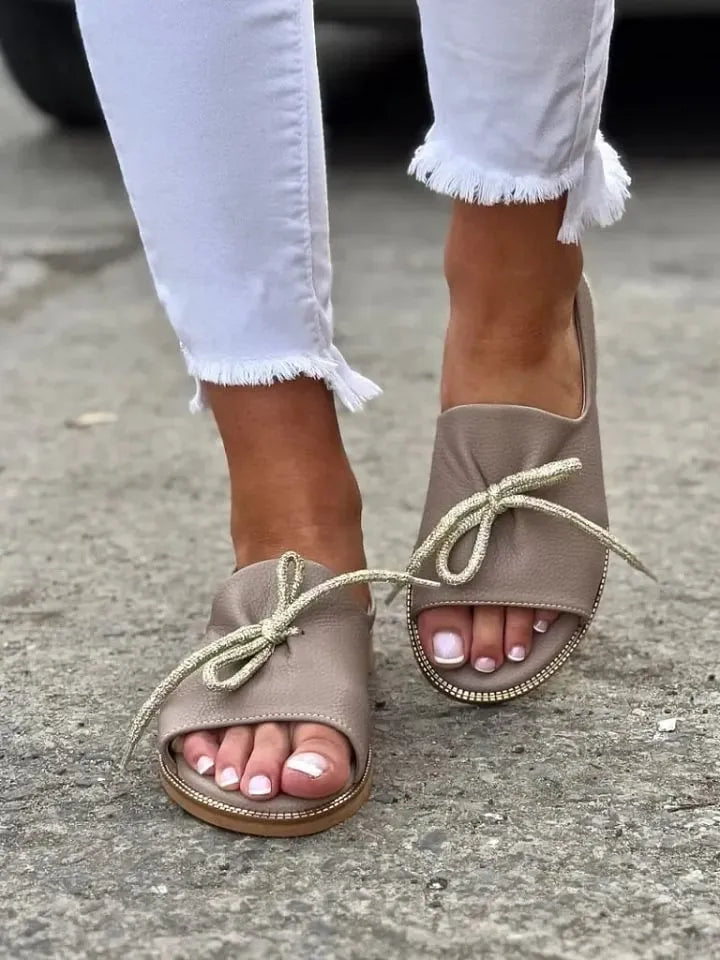 Women's Bow Accent Open-Toe Slip-On Flats