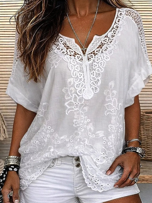 Women's Lace Embroidered Short Sleeve Blouse