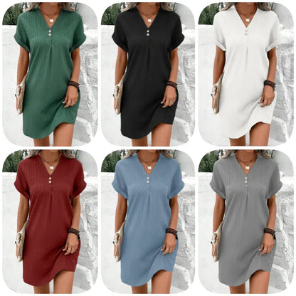 Women’s Casual V-Neck Rolled Sleeve Shift Dress