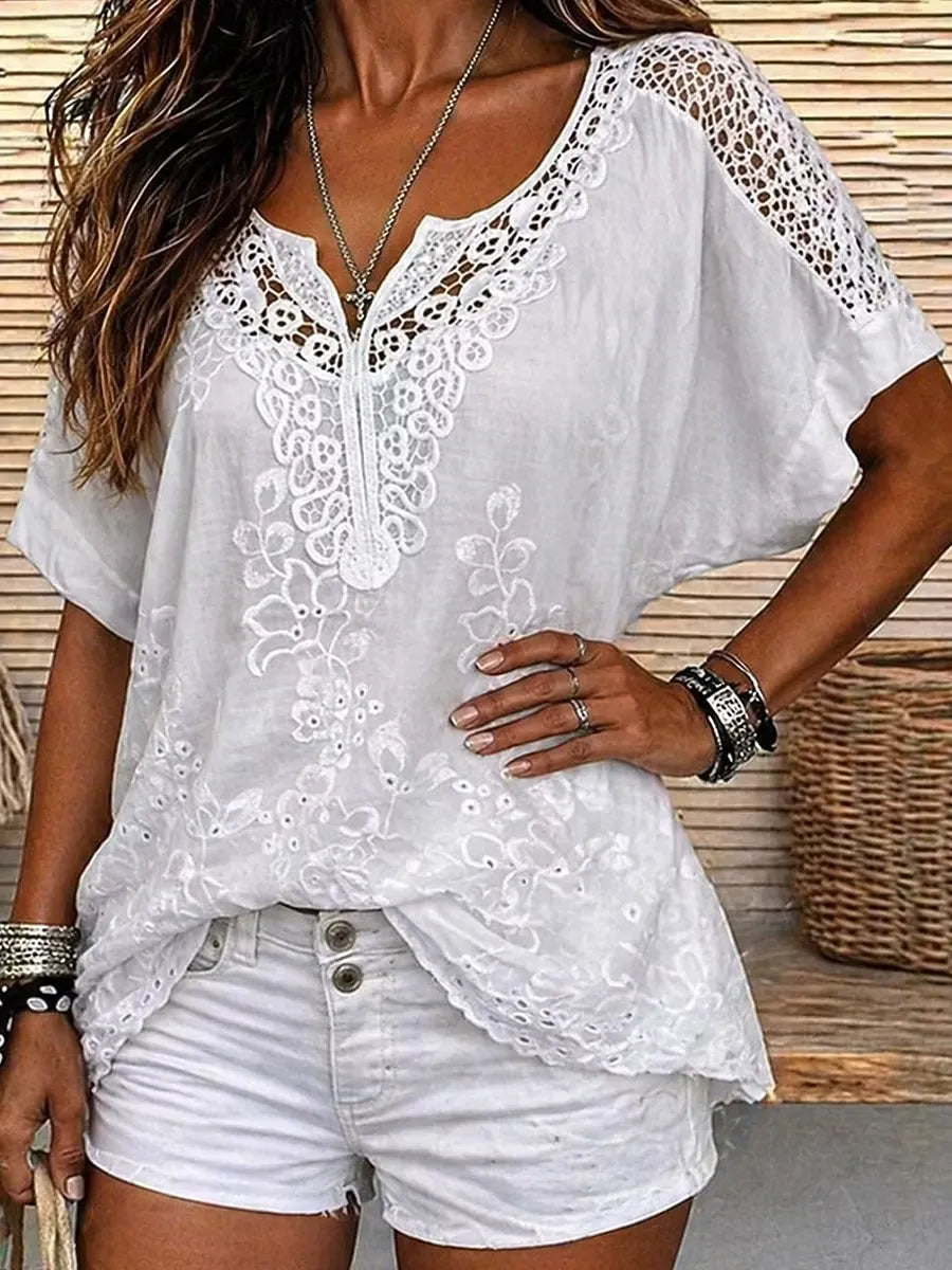 Women's Lace Embroidered Short Sleeve Blouse