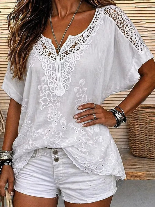 Women's Lace Embroidered Short Sleeve Blouse