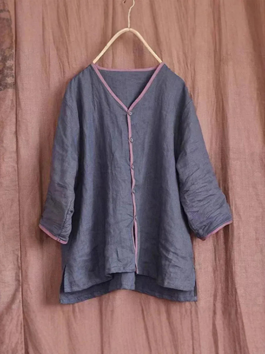 Women’s Contrast Trim Button-Up Cotton Linen Shirt