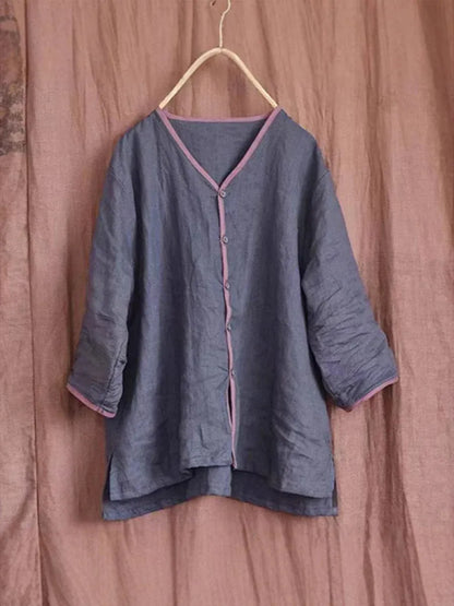 Women’s Contrast Trim Button-Up Cotton Linen Shirt