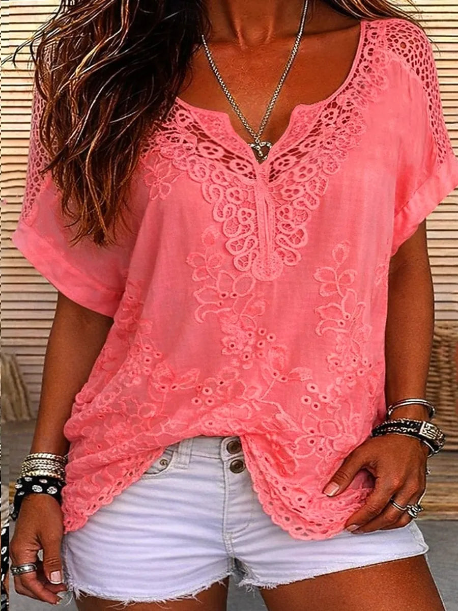 Women's Lace Embroidered Short Sleeve Blouse