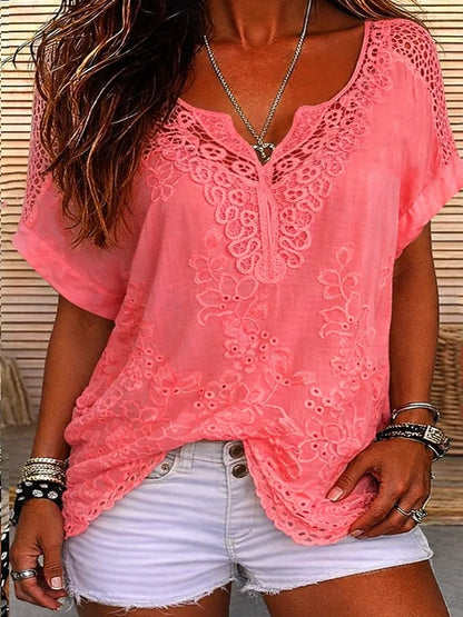 Women's Lace Embroidered Short Sleeve Blouse