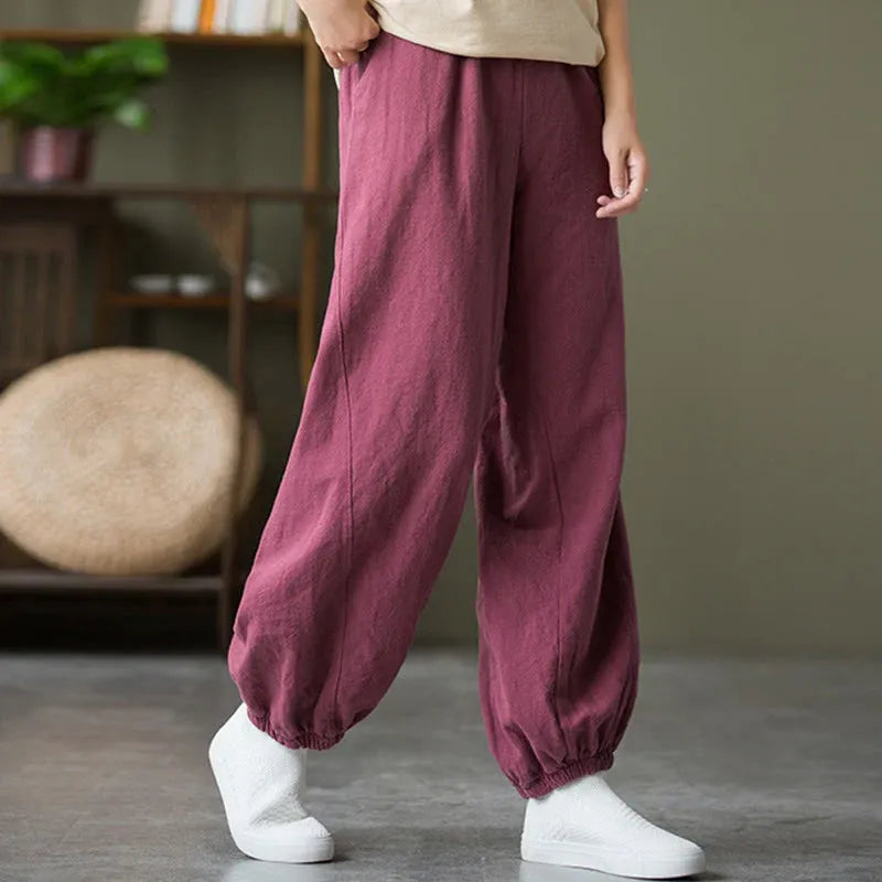Casual Elastic Waist Cotton-Linen Pants with Pockets