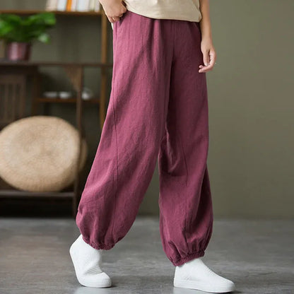 Casual Elastic Waist Cotton-Linen Pants with Pockets
