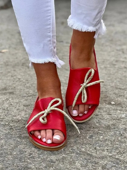Women's Bow Accent Open-Toe Slip-On Flats