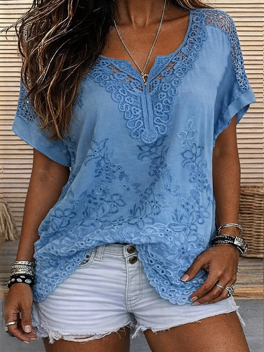 Women's Lace Embroidered Short Sleeve Blouse