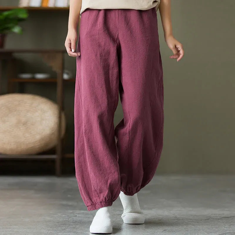 Casual Elastic Waist Cotton-Linen Pants with Pockets