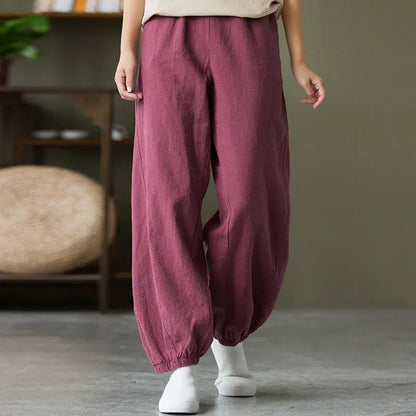 Casual Elastic Waist Cotton-Linen Pants with Pockets