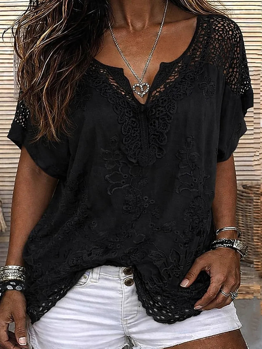 Women's Lace Embroidered Short Sleeve Blouse