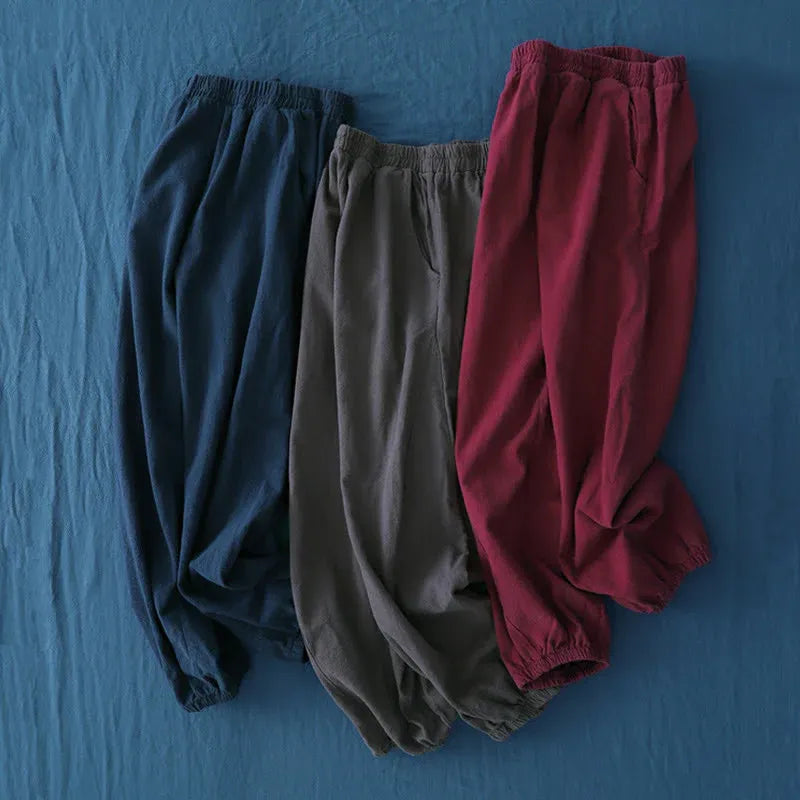 Casual Elastic Waist Cotton-Linen Pants with Pockets