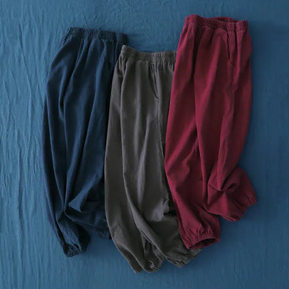 Casual Elastic Waist Cotton-Linen Pants with Pockets
