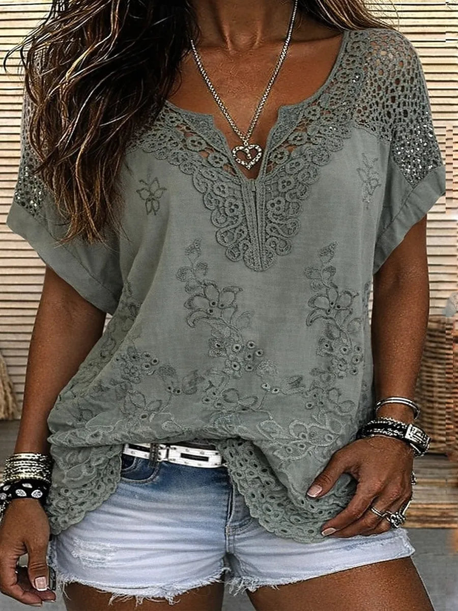 Women's Lace Embroidered Short Sleeve Blouse
