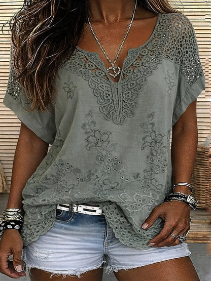 Women's Lace Embroidered Short Sleeve Blouse