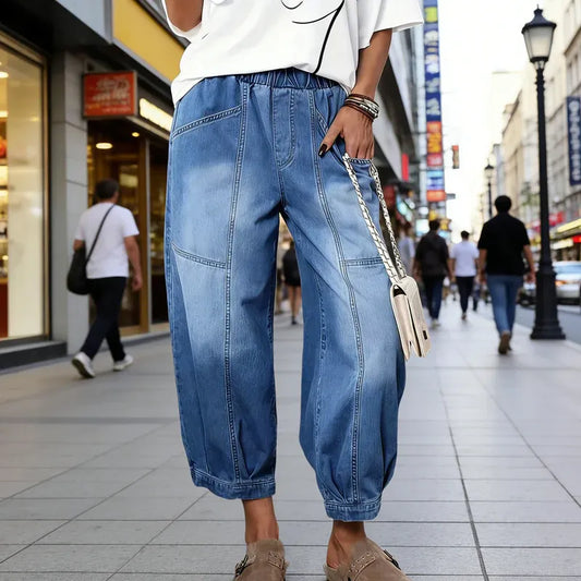 Women’s Elastic Waist Cropped Barrel Jeans