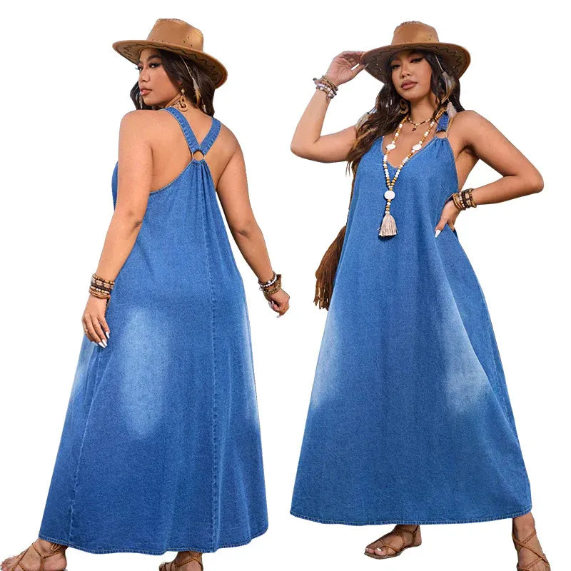 V-Neck Loose Fit Denim Maxi Dress