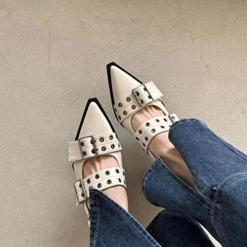 Women’s Pointed Toe Buckle Strap Low Heel Shoes
