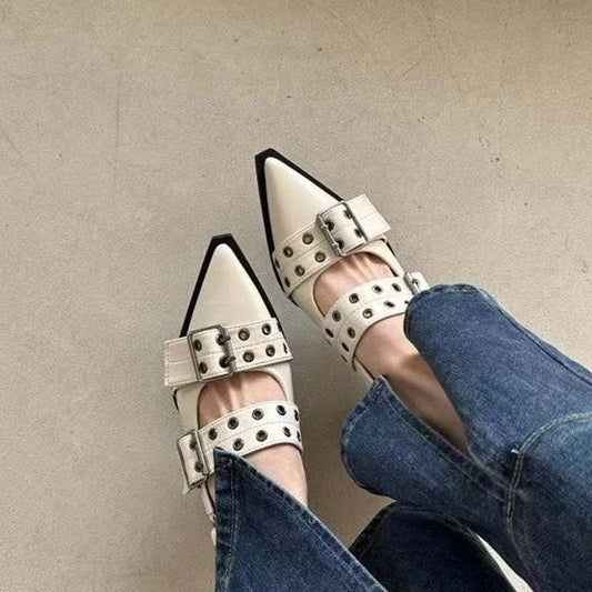 Women’s Pointed Toe Buckle Strap Low Heel Shoes