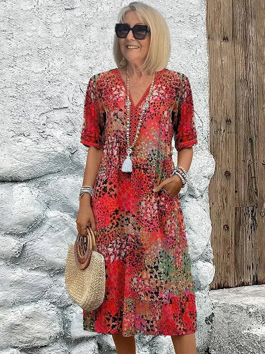 Women’s Printed V-Neck Relaxed Midi Dress