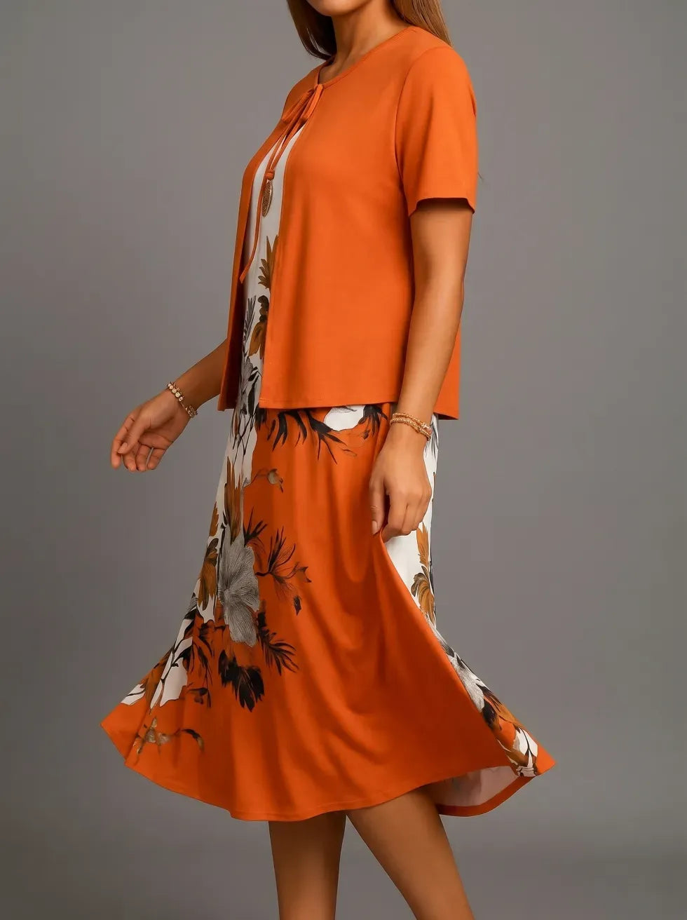 Women's Floral Print Tie Neck Midi Dress