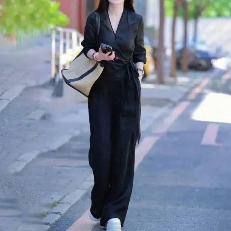 Women’s Elegant Wrap Blouse & Wide Leg Pants Set